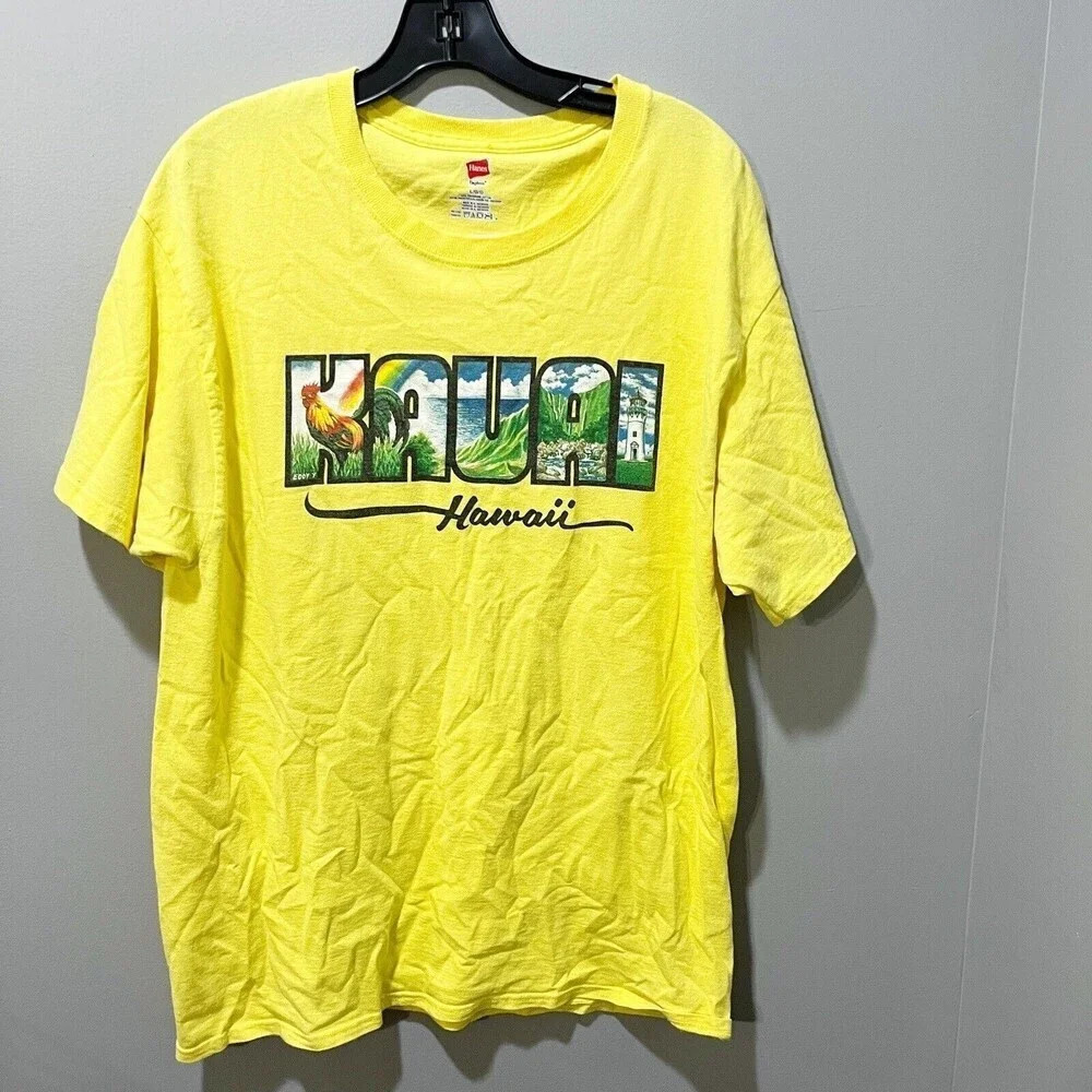 Kauai Hawaii Yellow Graphic T Shirt Hanes Large Short Sleeve Tropical Rooster